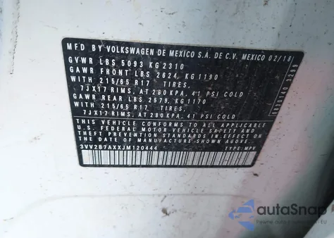 2018 Volkswagen Tiguan 2.0T Se/2.0T Sel from USA, damaged, VIN 3VV2B7AXXJM120444